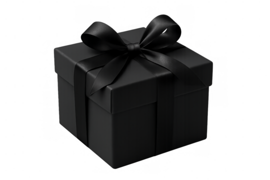 Black gift box wrapped with elegant ribbon on transparent background