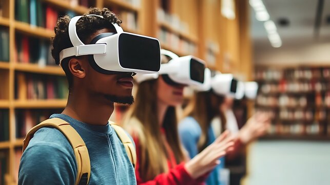 Diverse group of students wearing vr headsets in a library, exploring virtual reality and immersive learning experiences in an educational setting