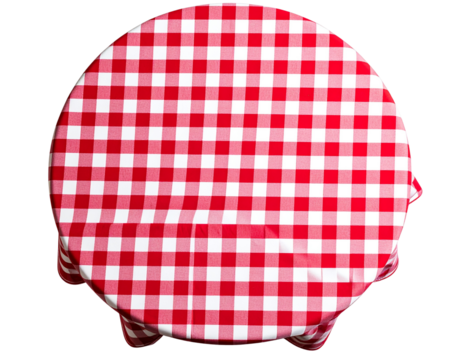 Round Outdoor Table with Red and White Gingham Tablecloth, Top View, Transparent Background - Powered by Adobe