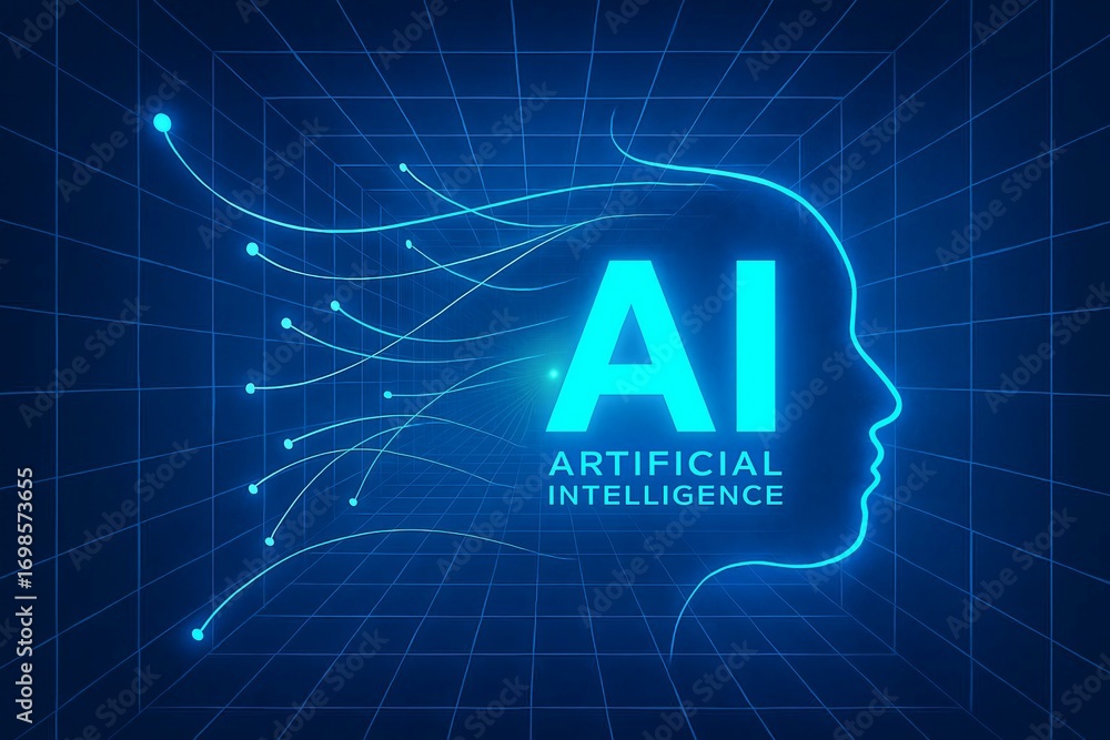 Poster futuristic ai head silhouette with glowing blue circuits and data streams representing artificial in