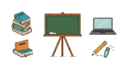 Education and Remote Learning Vector Icons Including Books, Laptops, Pencils, and Chalkboard Symbols Isolated on White Background