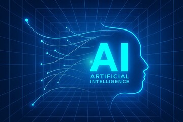 Futuristic ai head silhouette with glowing blue circuits and data streams representing artificial intelligence and technology