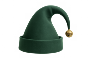 Green elf hat with golden bell isolated on transparent background