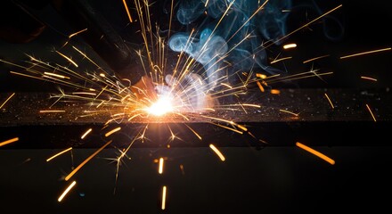 A welding operation produces a bright arc and sparks Blue smoke rises against a dark background