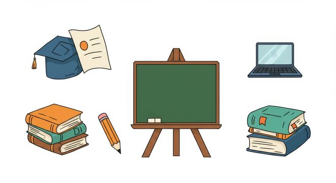 Education and Remote Learning Vector Icons Including Books, Laptops, Pencils, and Chalkboard Symbols Isolated on White Background