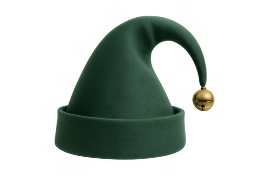 Green elf hat with golden bell isolated on transparent background