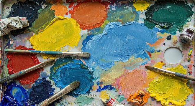 An artists palette filled with colorful paints paintbrushes and tubes of paint