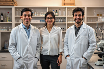 Three young adults, likely researchers or scientists, stand together in a lab setting, wearing white lab coats, with shelves of various bottles and equipment in the background.