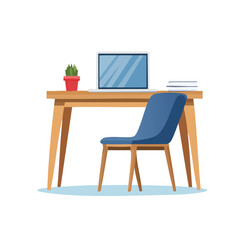 Modern and comfortable workplace with a wooden desk, blue chair, and laptop for a productive home office or remote job environment