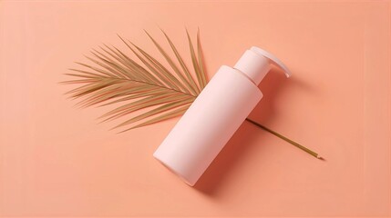Minimalist Skincare Pump Bottle with Palm Leaf on Peach Background
