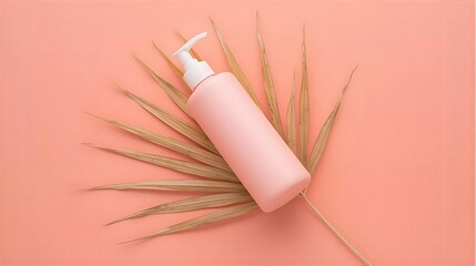 Cosmetic Pump Bottle Flat Lay with Tropical Leaf on Soft Pastel Surface
