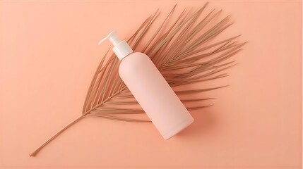 Aesthetic Beauty Bottle with Palm Leaf Arrangement on Warm Peach Tone