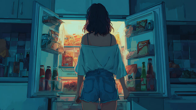 late night food scene woman grabbing unhealthy snacks from fridge midnight snack craving indulgent meal snack attack and eating habit