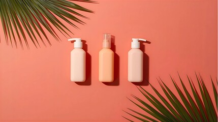 Cosmetic Bottles with Palm Leaf Shadows on Coral Background