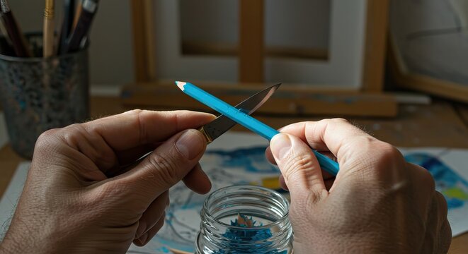 Hands sharpening a blue pencil with a knife over a jar of shavings Art supplies and canvas visible in the background - Powered by Adobe