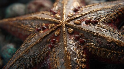 a close up view of an intricately designed object resembling a coral like structure with a metallic sheen, adorned with various bead like elements in shades of gold and red
