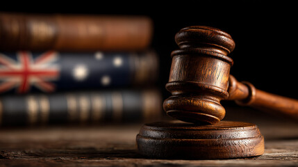 justice and law wooden gavel resting on table with australian flag blurred law books legal courtroom judge authority lawyer decision case fairness ruling and legislation
