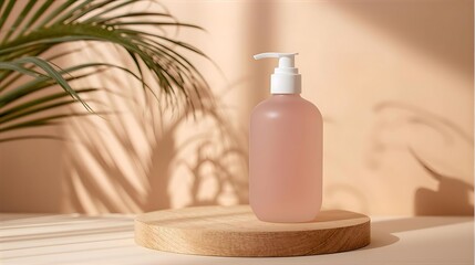 Pink Pump Bottle with Palm Shadow on Wooden Pedestal
