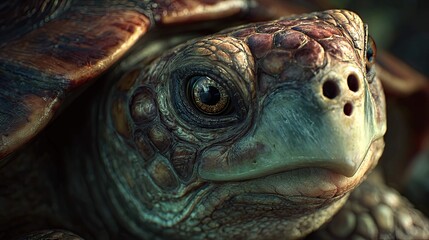 a striking scene of a turtle with a unique human like face. this turtle is prominently positioned in the center of the frame, capturing attention with its extraordinary features and direct gaze