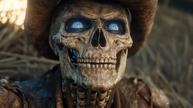 Close up of a weathered skeleton with glowing blue eyes and ancient runes etched on decayed armor