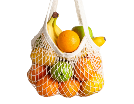 Assorted Fresh Fruits in Hanging Reusable Mesh Bag, Isolated on Transparent Background
