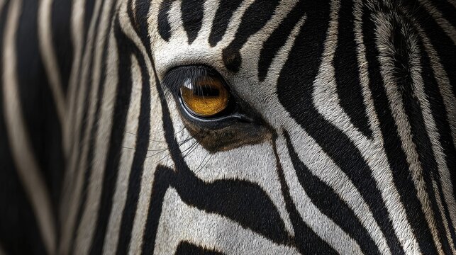 the photo captures a close up view of a zebra's face, with its distinctive black and white stripes in sharp focus