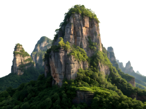 Majestic Green Mountain Peak Dramatic Rock Formation Lush Foliage Steep Cliffs Natural Landscape isolated on a transparent background