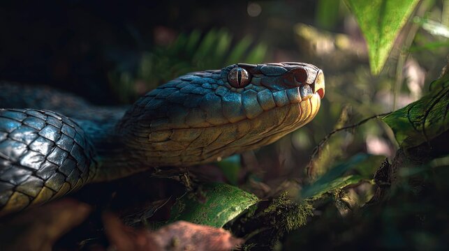 an intense close up of a snake's face, its scales shimmering with highlights, and it appears to be gazing directly at the viewer with a striking, attentive expression