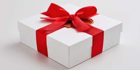 Fototapeta premium A pristine white gift box sits on a white surface, centered and sharply in focus. A vibrant red satin ribbon is tightly wrapped around the box, creating a neat square shape. 