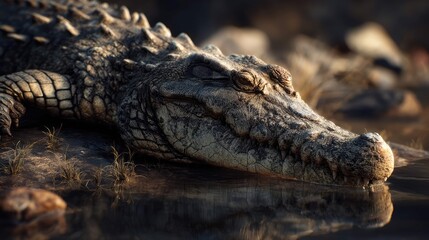 Obraz premium a large alligator resting by a body of water, with its head positioned towards the water's edge