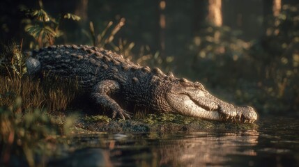 Obraz premium a crocodile in a body of water surrounded by lush greenery, suggesting a tropical or natural environment