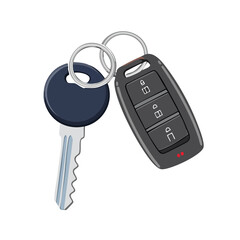 Modern car key with remote control fob for vehicle ignition and alarm system. Concept of automobile ownership, security, access, and daily mobility
