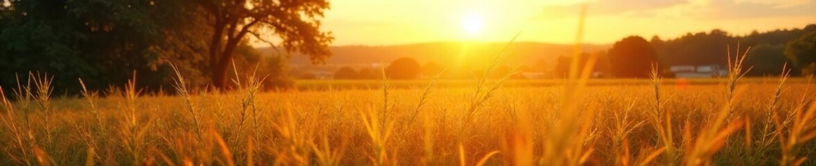 Fototapeta premium Golden hour sunlight bathes a landscape in warm, vibrant light Perfect for summer, nature, and travel themes Enjoy the rich colors and textures of a beautiful sunny day , serene, sky