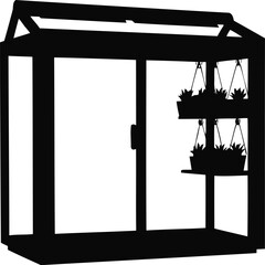 Micro Greenhouse Silhouette with Hanging Plants Vector Illustration, Small Greenhouse Minimal Silhouette Vector, Hanging Plants Outline Illustration, Indoor Garden Whimsical Vector