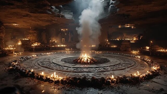 Dark underground cave illuminated by hundreds of ritual candles surrounding a burning fire pit with carved runic stone circle