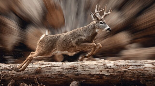 a deer in motion, captured in mid stride with a blurred background, suggesting swift movement