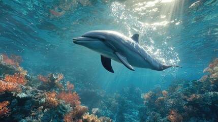 Naklejka premium a dolphin swimming in underwater coral reefs. the dolphin appears to be swimming towards the camera, with its body partially visible above the water's surface