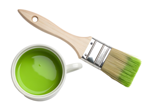 Single Paintbrush with Light Green Paint on Bristles Wooden Handle White Cup Green Paint Top View isolated on a transparent background
