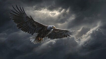 Fototapeta premium an eagle soaring high against a dramatic sky filled with clouds. the bird is captured mid flight, its wings spread wide as it glides over a landscape below