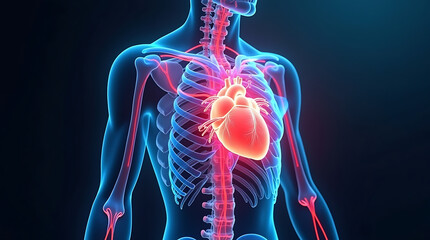 Anatomical 3D Render of Human Torso with Glowing Red Heart and Blue Skeleton anatomy body