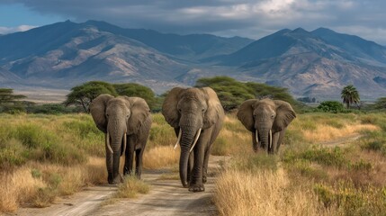 Three elephants walk along a dirt road in a grassy savanna landscape. The elephants, a mother and two calves, move purposefully towards the viewer.