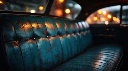 Moody blue vintage car interior at night