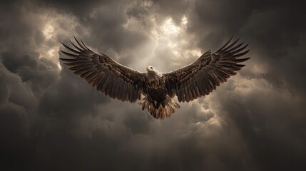 Fototapeta premium a powerful eagle soaring in a stormy sky. the eagle, with its wings spread wide, dominates the scene as it flies majestically amidst ominous clouds