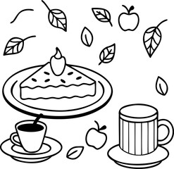 Line Art of Autumn Table Setup with Pumpkin Pie, Minimalist Fall Vector, Holiday Dessert Illustration, Festive Thanksgiving Table Design