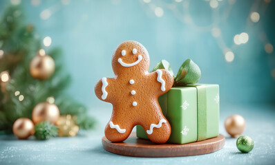 Fototapeta premium New Year decor gingerbread man Christmas cookie green gift box on a blue background, text 