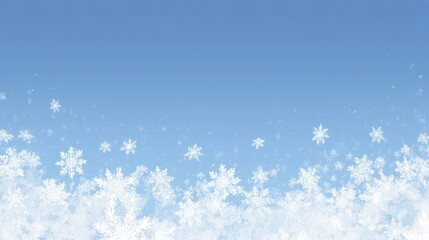 A serene winter scene depicts a dark, solid black background transitioning into a gradient of blue sky. A delicate band of stylized snowflakes, rendered in white,