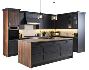 Island Kitchen with Dark Oak Cabinets and Integrated Cooktop, Angled Side View on Transparent Background