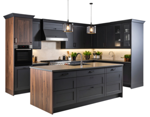 Island Kitchen with Dark Oak Cabinets and Integrated Cooktop, Angled Side View on Transparent Background