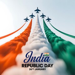 Indian air force jets fly in formation creating colorful smoke trails on republic day