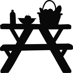 Vector Silhouette of Picnic Table with Basket, Minimalist Outdoor Picnic Scene Vector Illustration, Picnic Setup Icon, Leisure Table Illustration, Cozy Picnic Vector